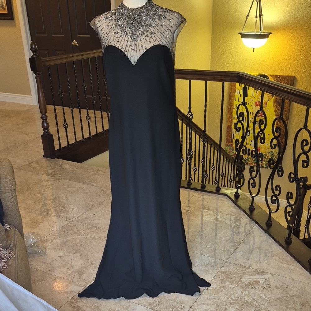 Pronovias Black Evening Gown with Beaded Illusion Yoke